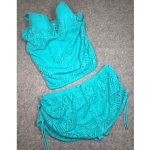 Cacique Tankini Swimsuit 2 PC Swim Turquoise Blue Crochet Skirt 28 Bra Top 44DD